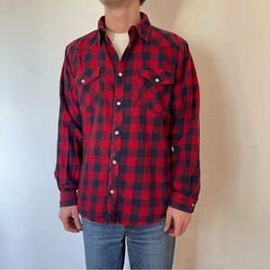 Men's Red and Navy Plaid Button-Up Shirt